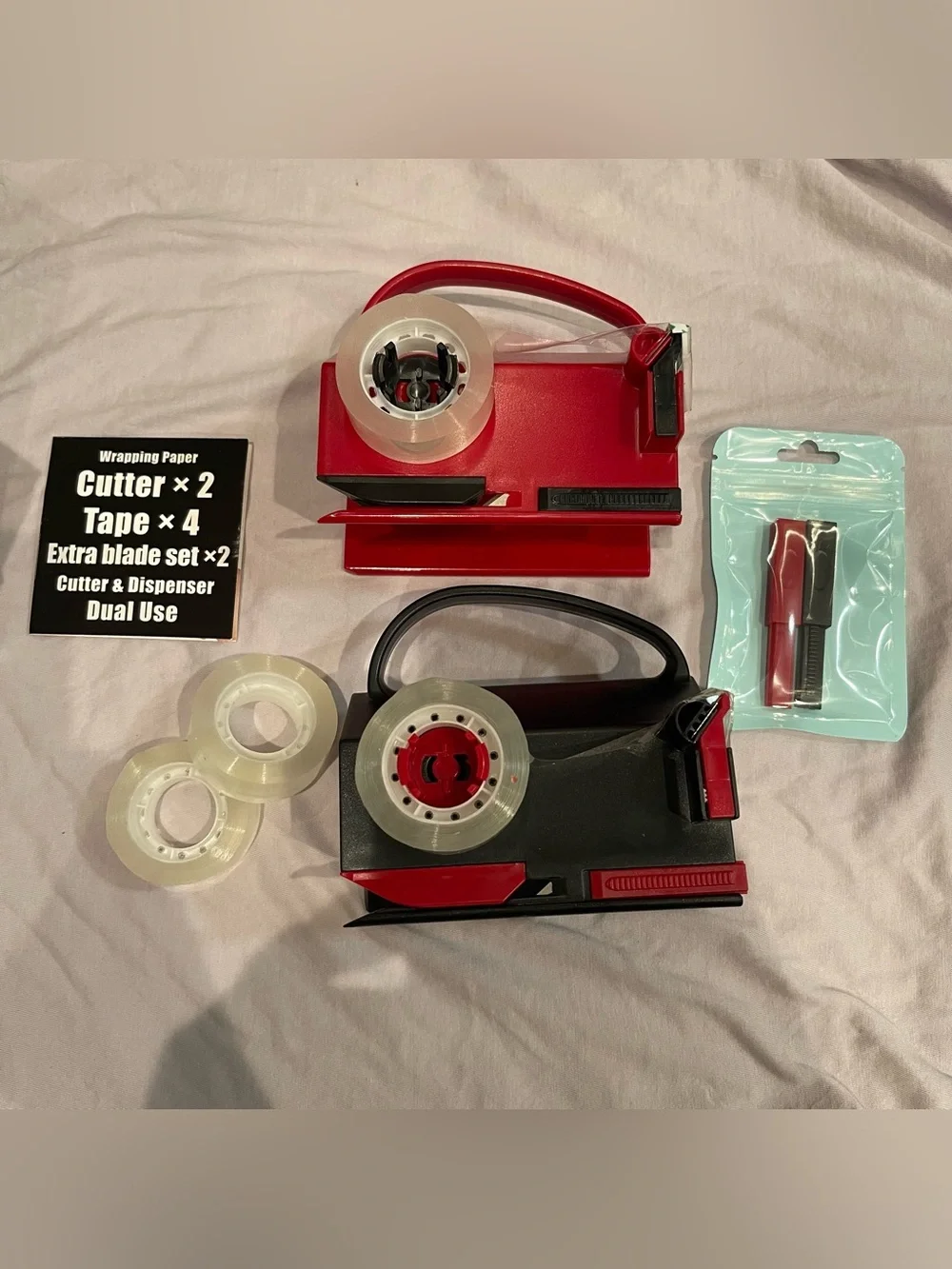 Wrapping Paper Cutter & Tape Dispenser Tool with 4 Tapes & Blades 2Pack Set Xmas